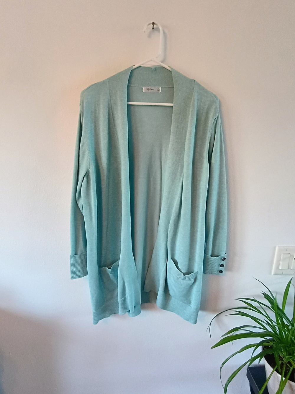 Peyton Primrose 1X Mint Green Open Front Cardigan Button Cuff Pockets Sweater